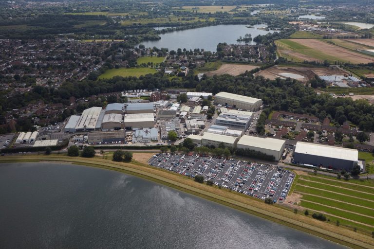 Aerial view of Shepperton Studios by the Queen Mary Reservoir