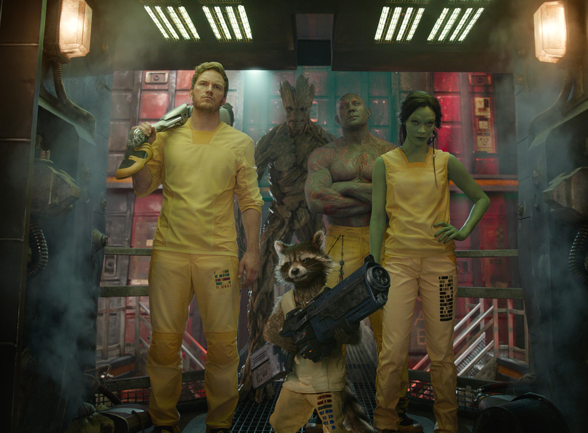 Group shot of the Guardians of the Galaxy team all wearing yellow