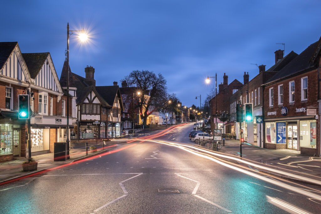 Long exposure photo of Haslemere High Street at night, by John Senior